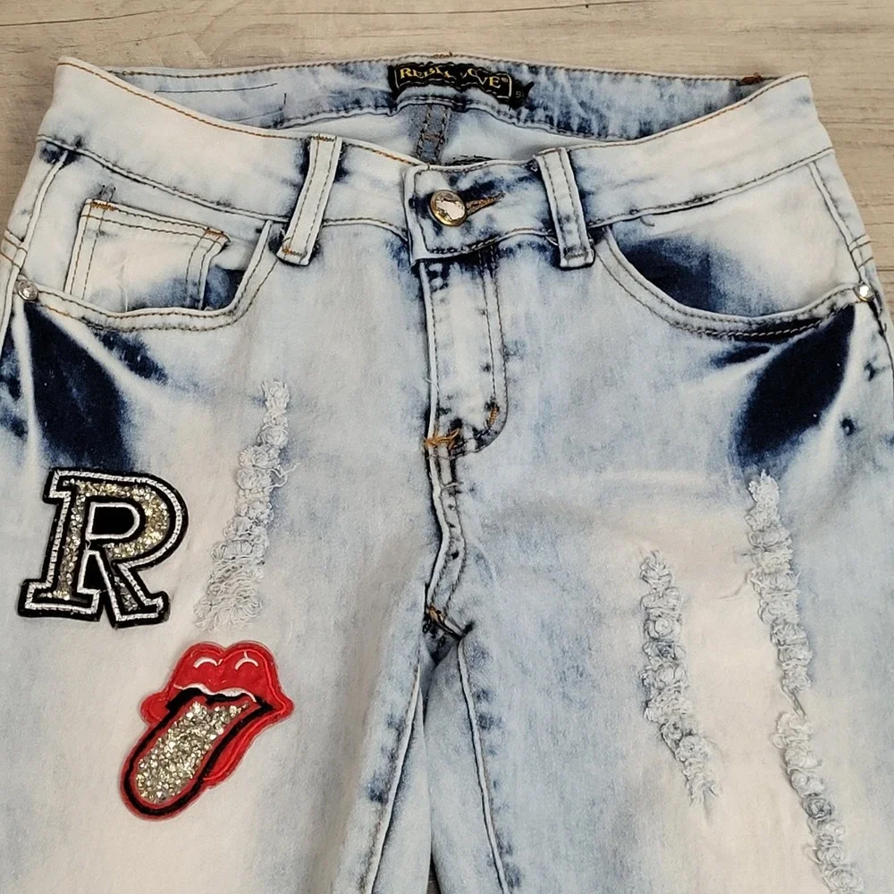 🔥Rebel Love Womens Skinny‎ Jeans 5/6 Distressed Blue Denim Y2K Retro Patches